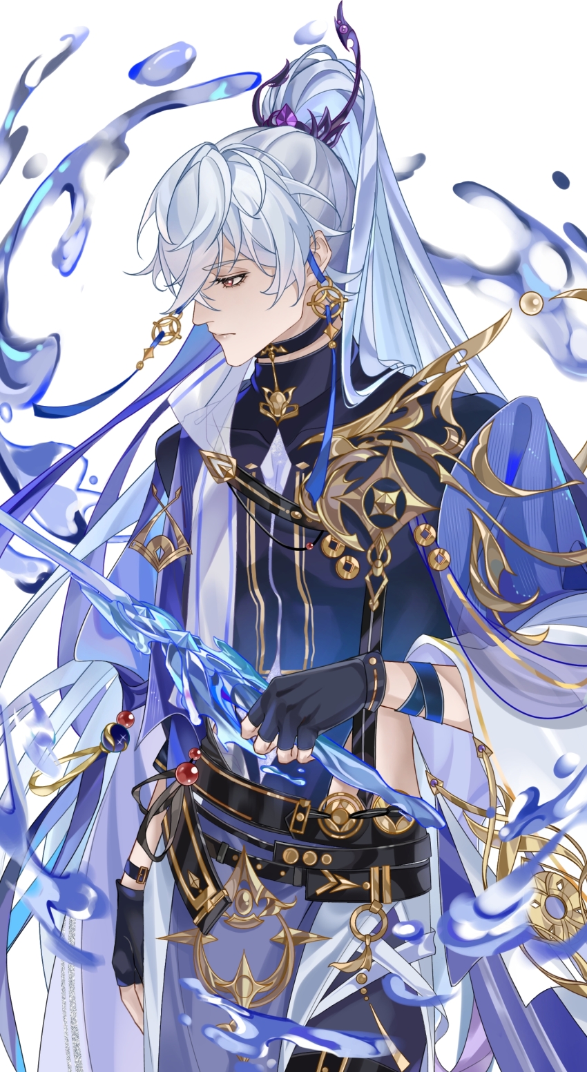 1boy, absurdres, belt, black_belt, black_choker, black_gloves, black_pants, blue_coat