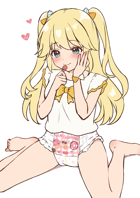 barefoot, blonde_hair, blue_eyes, blush, bow, brcl7777, candy, closed_mouth, commentary_request, diaper, dot_nose, food, fujisawa_yuzu, full_body, hand_on_own_face, hands_up, heart, holding, holding_candy, holding_food, holding_lollipop, loli, lollipop, long_hair, no_pants, ongeki, print_diaper, shirt, shirt_bow, simple_background, sitting, sleeveless, sleeveless_shirt, smile, spread_legs, two_side_up, variant_set, wariza, white_background, white_shirt, yellow_bow