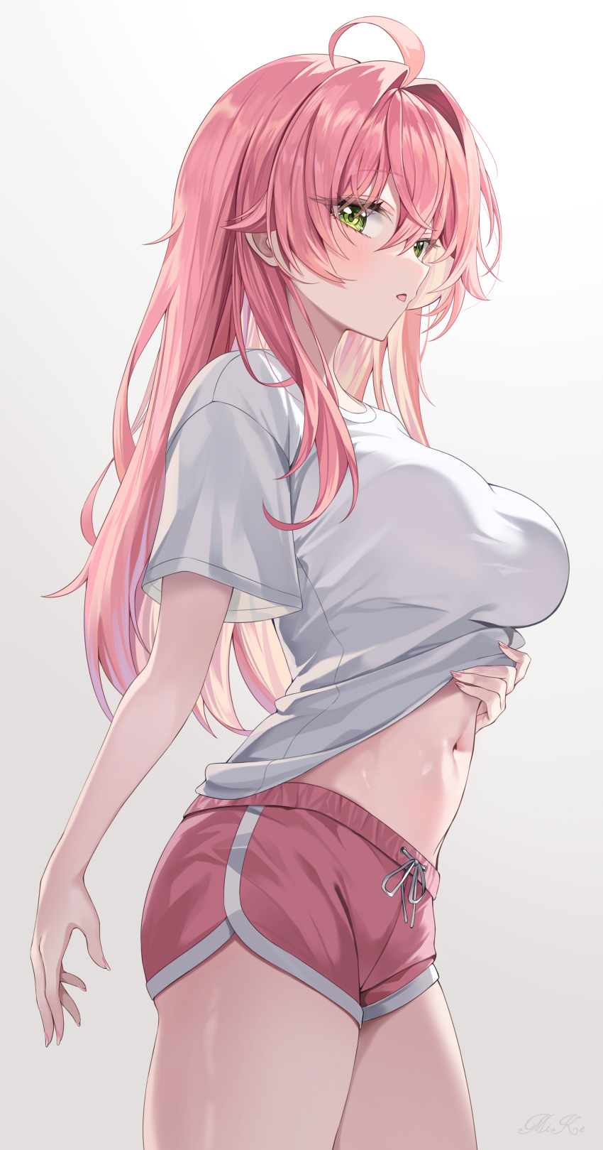 1girl, absurdres, ahoge, alternate_costume, breasts, clothes_lift, commentary, dolphin_shorts