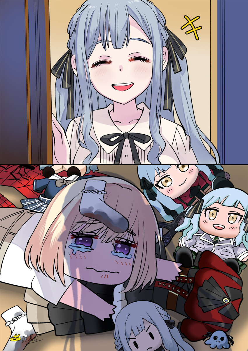 2girls, apu_spills_his_tendies_(meme), bang_dream!, bang_dream!_it's_mygo!!!!!, black_ribbon, blue_hair, blush, character_doll