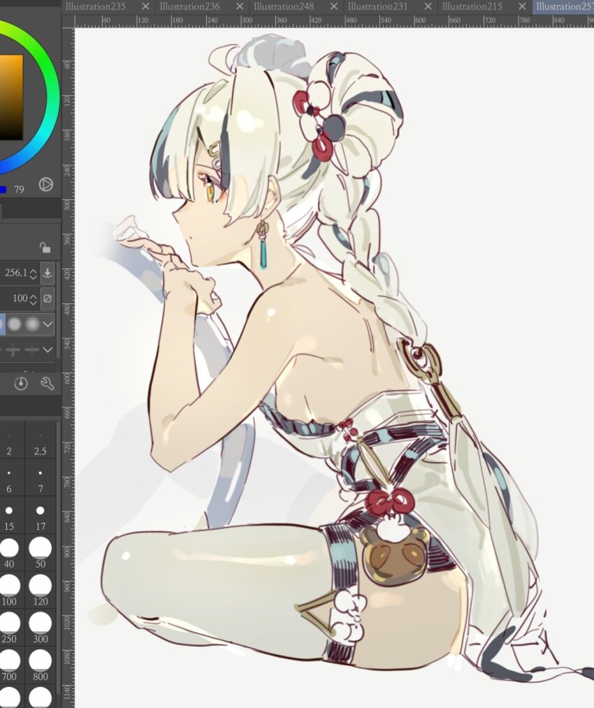 1girl, art_program_in_frame, bare_shoulders, black_hair, braid, braided_twintails, breasts, chakram, china_dress, chinese_clothes, closed_mouth, dialyn_(zenless_zone_zero), dress, earrings, f4d1a6, from_side, hair_extensions, hair_ornament, highres, jewelry, long_hair, looking_ahead, multicolored_hair, panda_hair_ornament, ring_hair_extensions, shoulder_blades, simple_background, sitting, small_breasts, solo, split-color_hair, strapless, strapless_dress, thighhighs, weapon, white_background, white_dress, white_hair, white_thighhighs, yellow_eyes, zenless_zone_zero