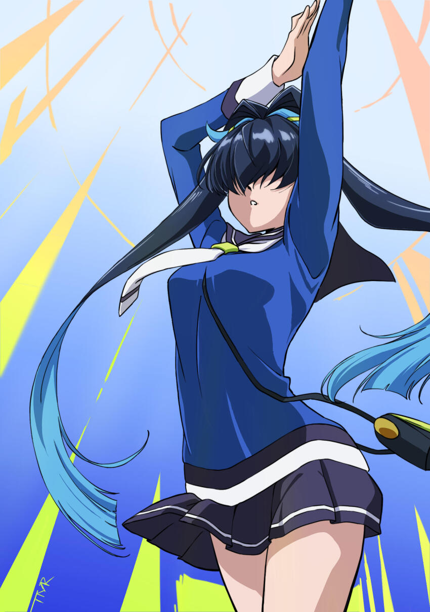 1girl, aqua_hair, arms_up, black_hair, hair_over_eyes, highres, long_hair, miki_shinobu_(shadowverse_flame)