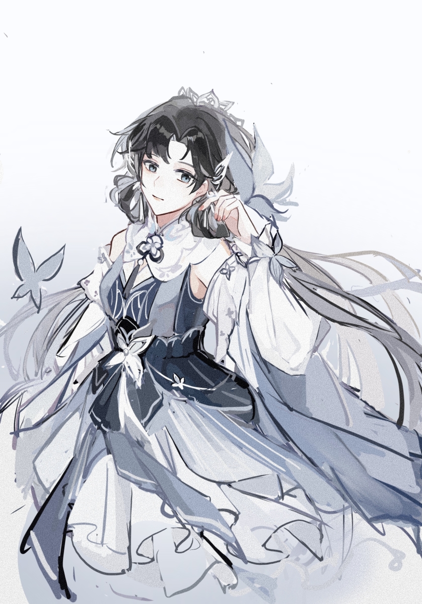 1girl, bare_shoulders, blue_dress, blue_eyes, butterfly_earrings, chinese_clothes, chinese_commentary, closed_mouth