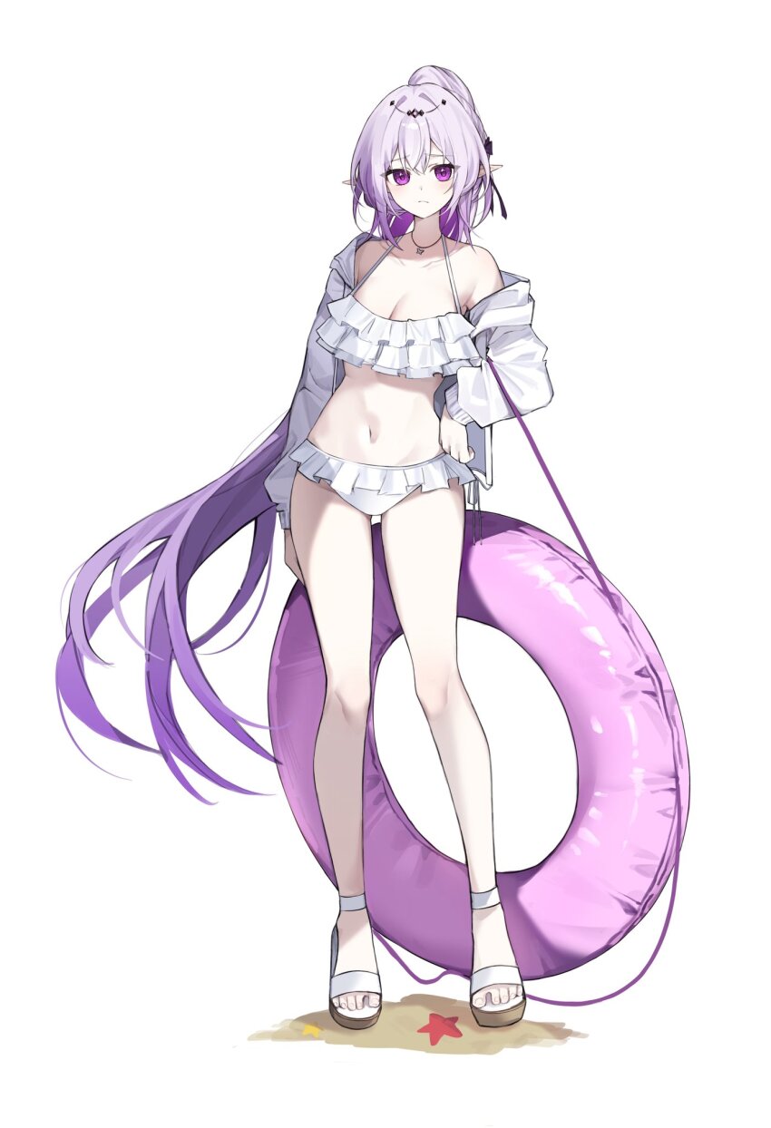 1girl, alternate_costume, bikini, breasts, castorice_(honkai:_star_rail), cleavage, frilled_bikini, frills, full_body, hair_ornament, hashtag-only_commentary, high_ponytail, highres, honkai:_star_rail, honkai_(series), innertube, jewelry, kom376986, legs, light_blush, long_hair, navel, necklace, off-shoulder_jacket, off_shoulder, pointy_ears, ponytail, purple_eyes, ribbon, sand, starfish, strappy_heels, swim_ring, swimsuit, very_long_hair, white_background