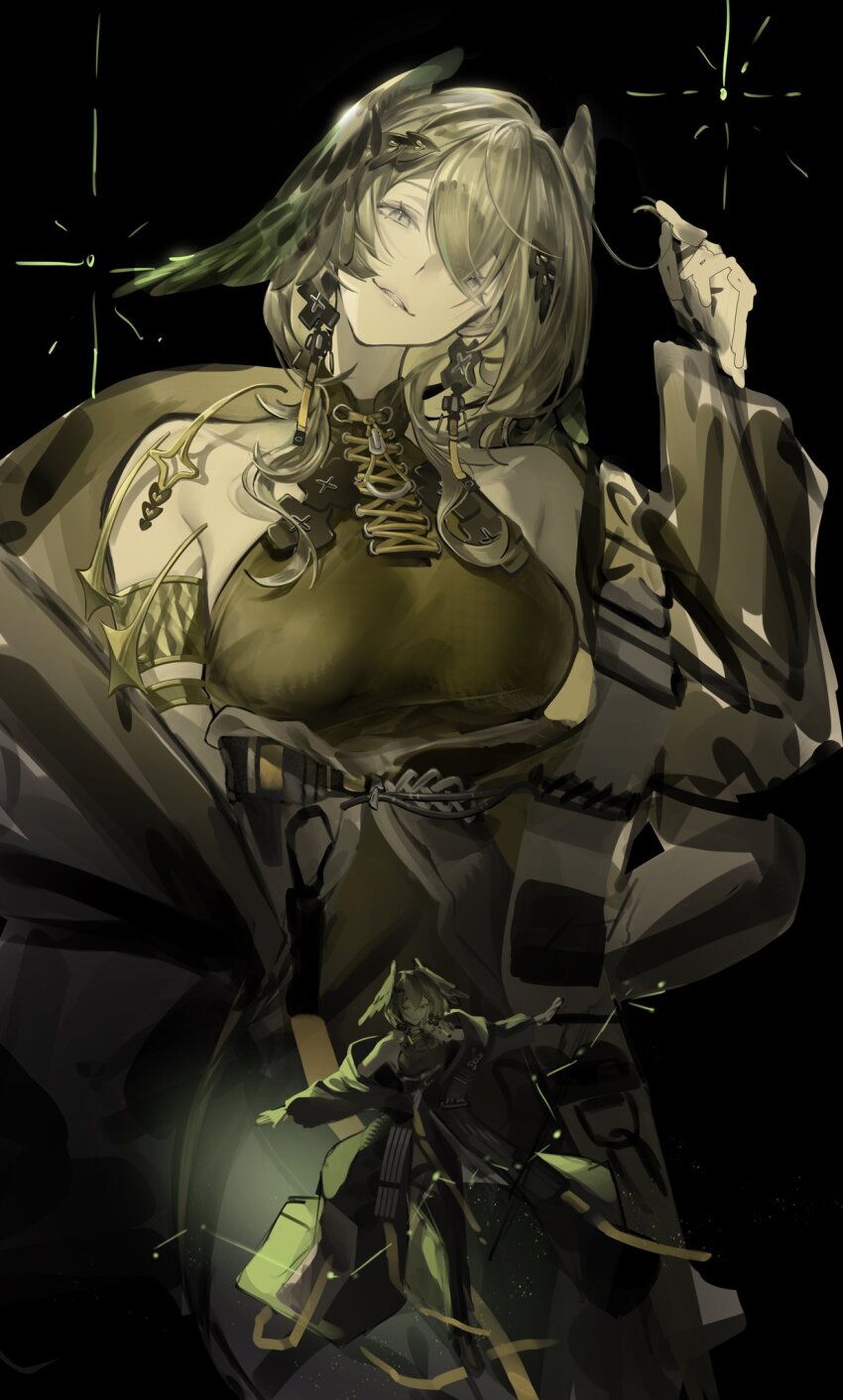 1girl, arknights, black_dress, breasts, commentary, dress, feathered_wings, grey_hair