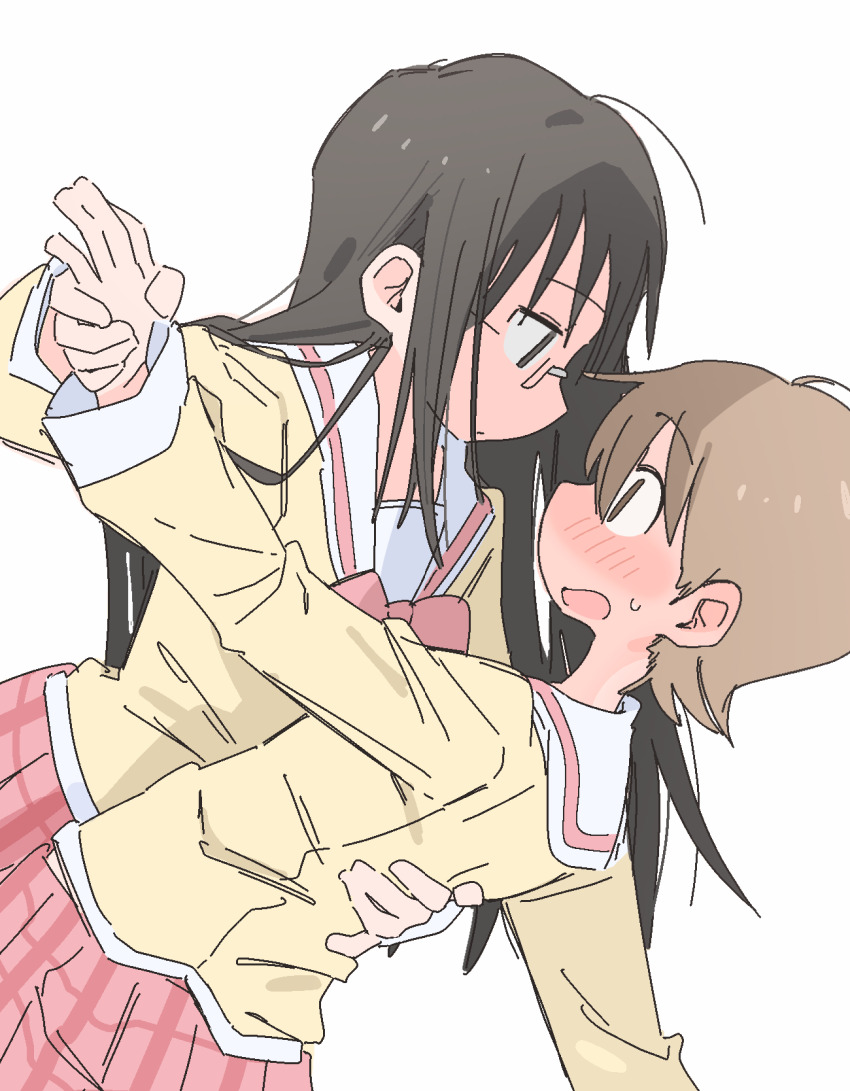 2girls, aioi_yuuko, black_eyes, black_hair, blush, brown_eyes, brown_hair, commentary