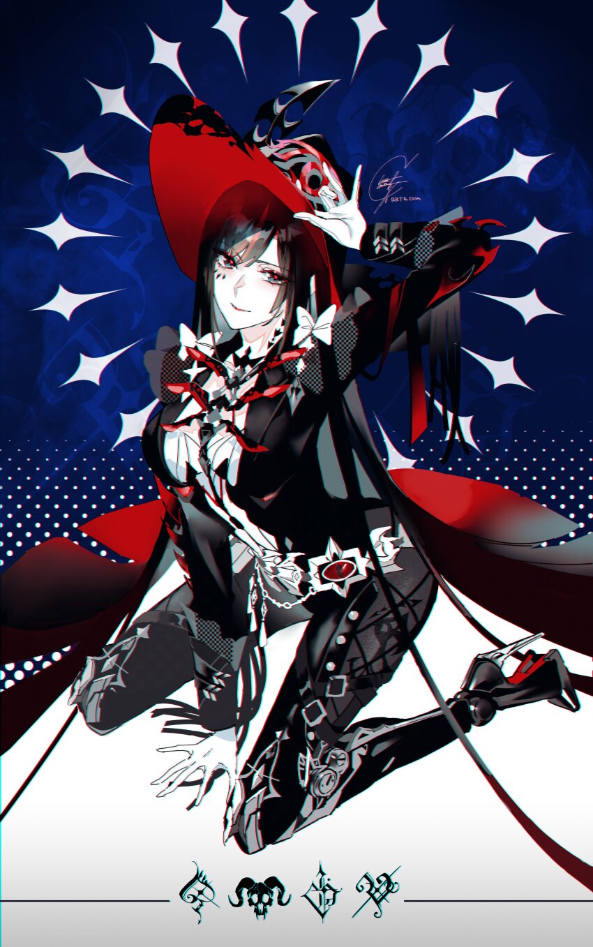 1girl, absurdres, adjusting_clothes, adjusting_headwear, arm_up, belt, black_background, black_bodysuit, black_hair, black_hat, black_jacket, black_pants, bodysuit, breasts, commentary_request, curtained_hair, gloves, grey_eyes, hand_on_headwear, hat, high_heels, highres, jacket, joints, large_breasts, large_hat, lilith:_daemonissa_(roulette_of_stolen_time)_(pgr), lilith_(pgr), long_hair, looking_at_viewer, mark_under_eye, multicolored_hair, official_alternate_costume, pants, punishing:_gray_raven, red-eye_effect, red_eyes, red_hair, red_lips, robot_joints, seiza, shirt, signature, sitting, smile, solo, two-tone_hair, two-tone_hat, very_long_hair, white_gloves, white_shirt, witch, wizard_club