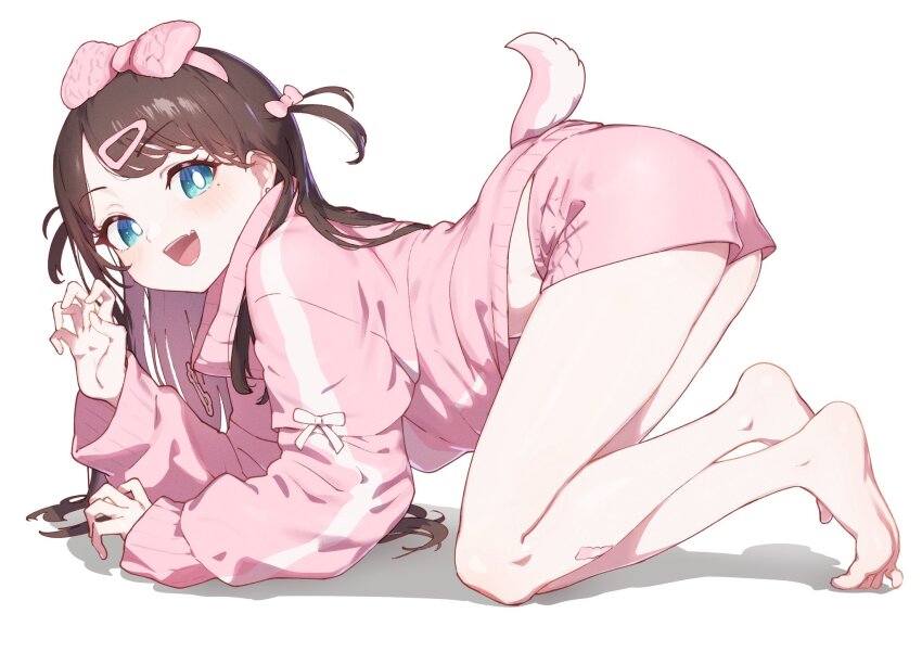 1girl, all_fours, barefoot, blue_eyes, bow_hairband, bright_pupils, brown_hair, colored_inner_hair