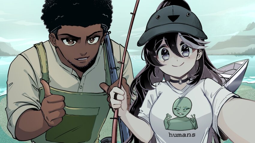 1boy, 1girl, ancient_aliens, beard_stubble, black_choker, black_hair, breasts, brown_eyes