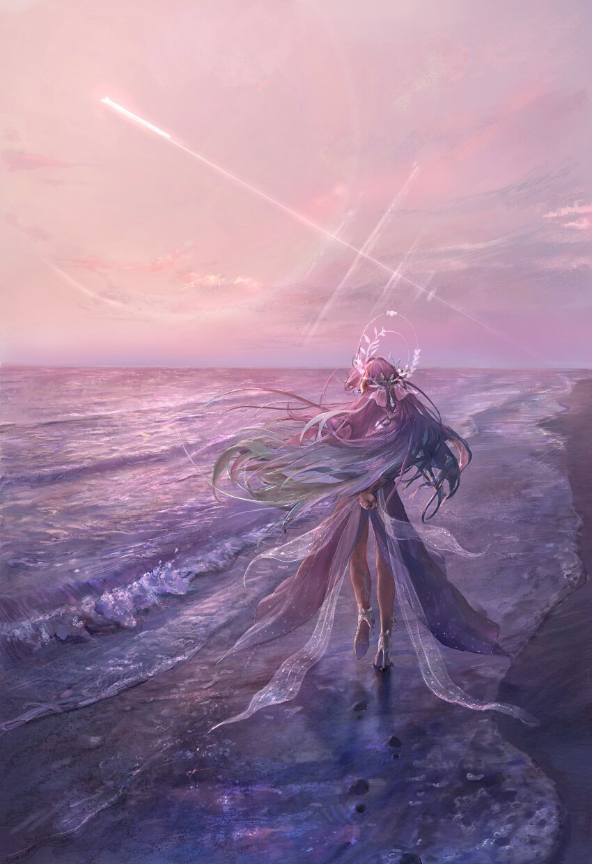 1girl, absurdres, aonon_040, aqua_hair, beach, commentary, cyrene_(honkai:_star_rail), cyrene_(demiurge)_(honkai:_star_rail), dress, from_behind, gradient_hair, halo, high_heels, highres, honkai:_star_rail, honkai_(series), long_hair, multicolored_hair, ocean, outdoors, pink_hair, sky, solo, two-tone_hair, very_long_hair, white_dress