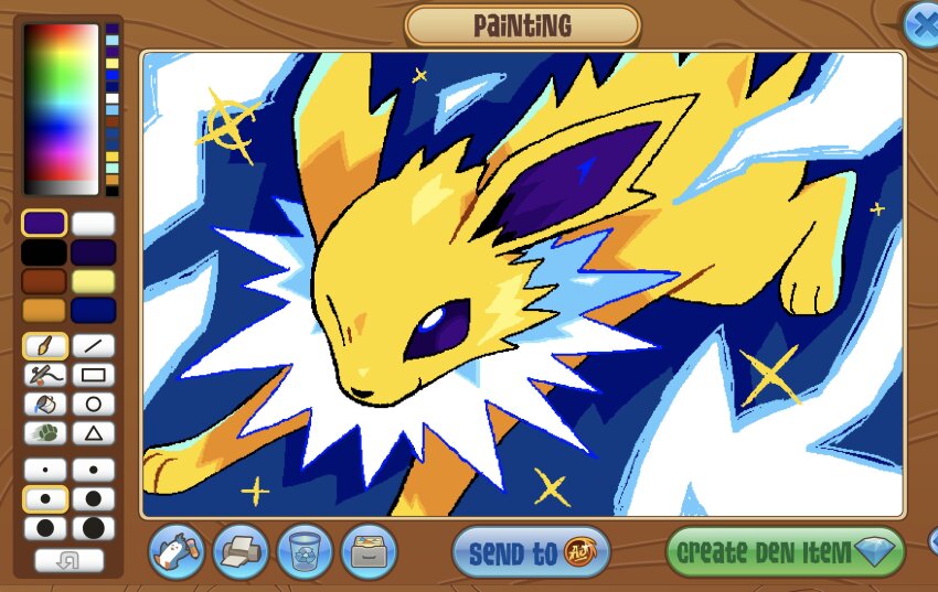 absurdres, animal_focus, animal_hands, animal_jam_(medium), art_program_in_frame, blue_background, border, brown_border, eelgobbler, electricity, fluffy, gen_1_pokemon, highres, jolteon, looking_at_viewer, neck_fur, nintendo, no_humans, one_eye_closed, pokemon, pokemon_(creature), pokemon_focus, purple_eyes, simple_background, solo, upper_body, white_fur, yellow_fur