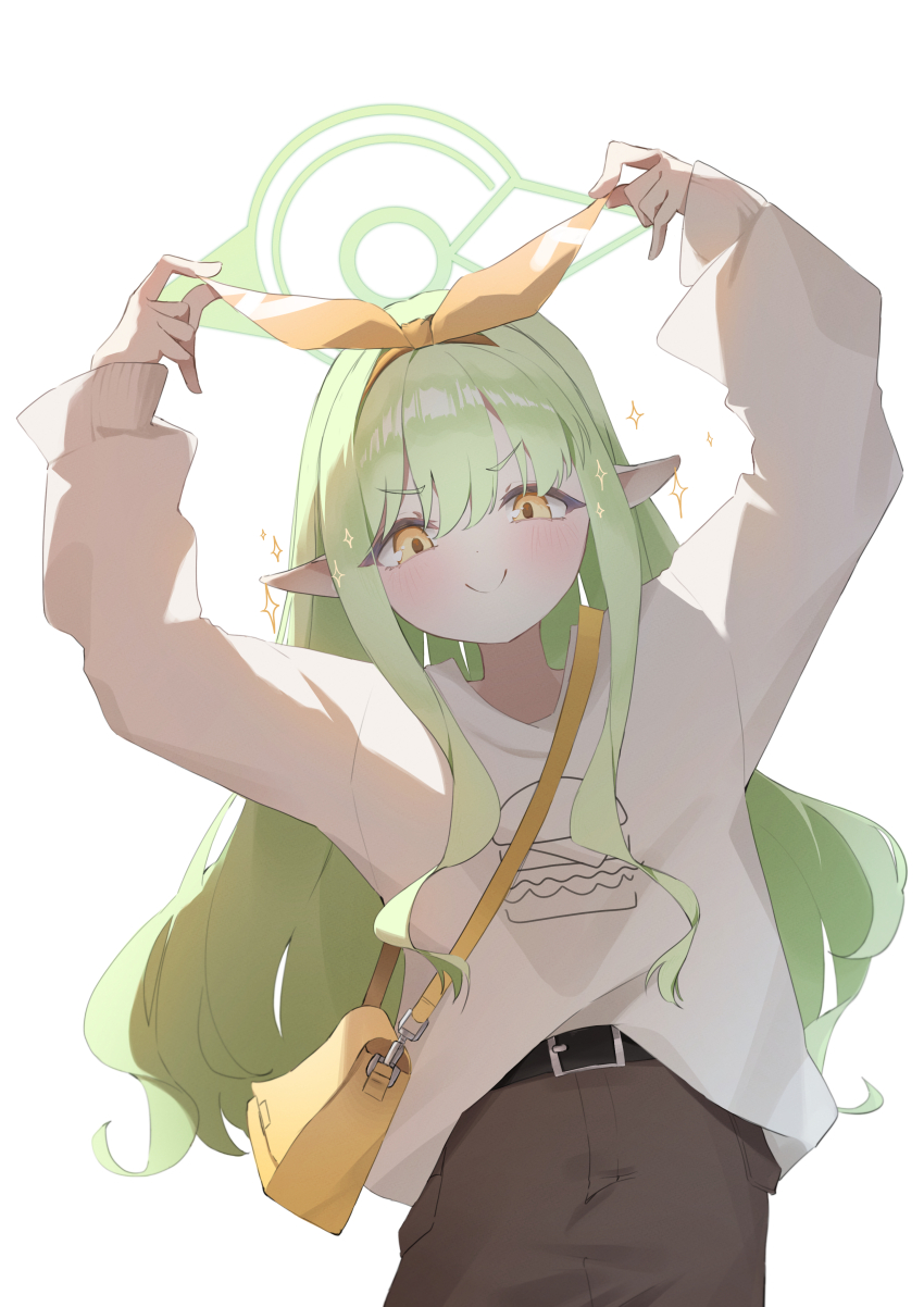 >:), 1girl, absurdres, arms_up, backlighting, bag, belt, black_belt