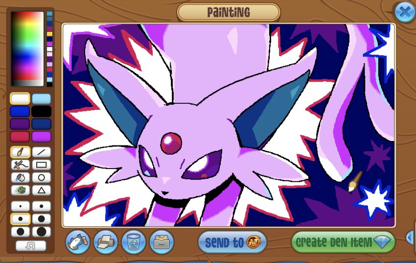 absurdres, animal_focus, animal_jam_(medium), art_program_in_frame, border, brown_border, eelgobbler, espeon, forehead_jewel, forked_tail, gem, gen_2_pokemon, highres, looking_at_viewer, nintendo, no_humans, pokemon, pokemon_(creature), pokemon_focus, purple_background, purple_eyes, purple_fur, red_gem, simple_background, solo, standing, tail, upper_body