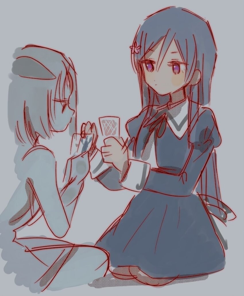 2girls, akashi_manaka, assault_lily, black_ribbon, blue_hair, card, playing_card_game, closed_mouth