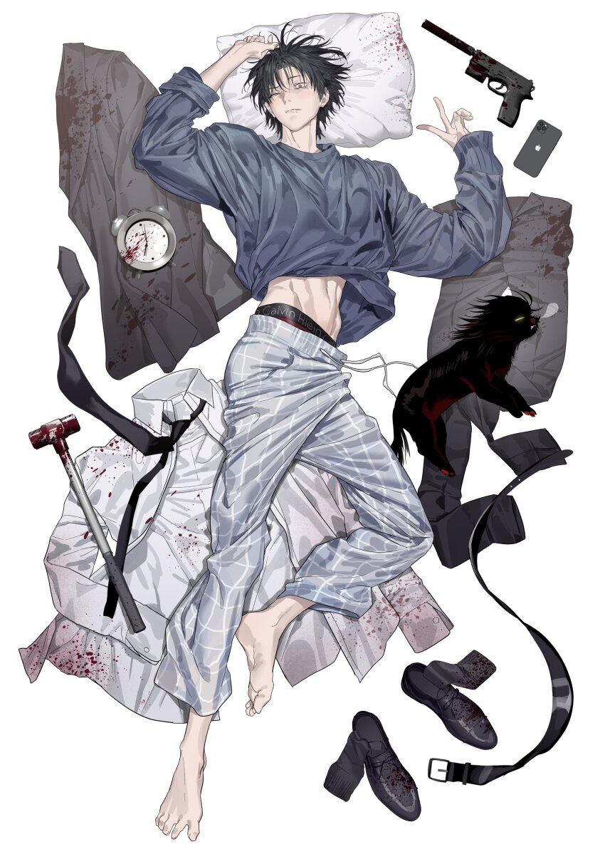 1boy, absurdres, belt, black_hair, black_necktie, blood, blood_on_pillow, bloody_weapon