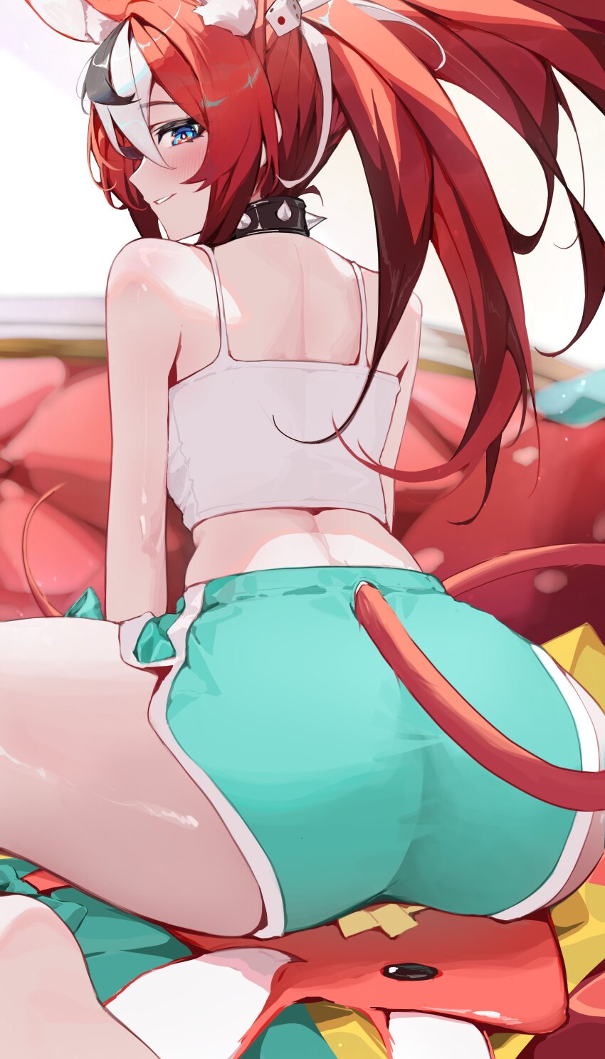 1girl, absurdres, alternate_costume, animal_ears, aqua_shorts, ass, barefoot, between_legs