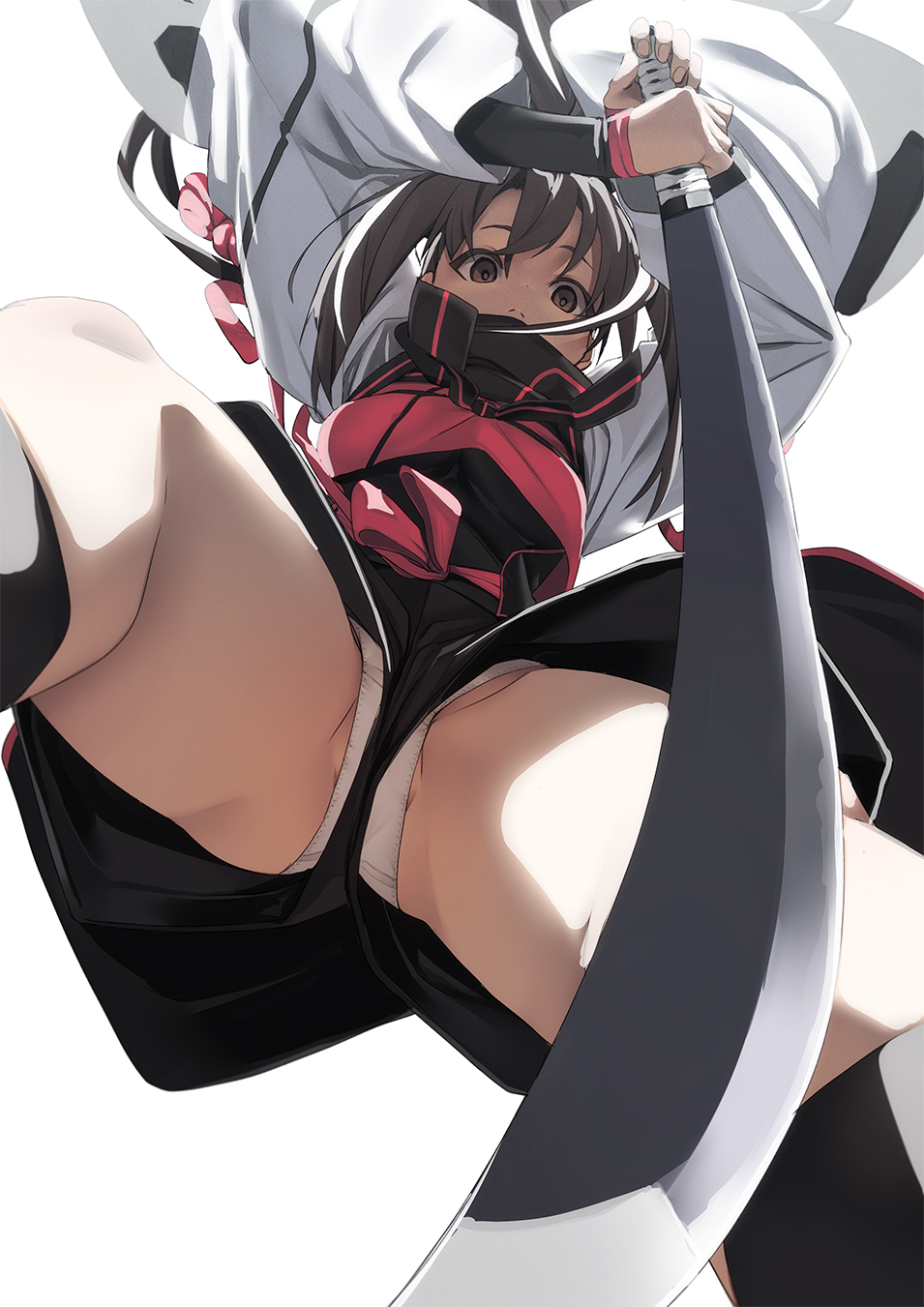 1girl, black_hair, black_scarf, black_shorts, breasts, brown_eyes, cropped_shirt, fate/grand_order, fate_(series), from_below, fu-ta, high-waist_shorts, highres, katana, kawakami_gensai_(fate), kawakami_gensai_(first_ascension)_(fate), long_hair, long_sleeves, looking_at_viewer, medium_breasts, multicolored_hair, panties, ponytail, red_shirt, scarf, shirt, shorts, sidelocks, solo, streaked_hair, sword, thighs, underwear, weapon, white_hair, white_panties, white_sleeves, wide_sleeves