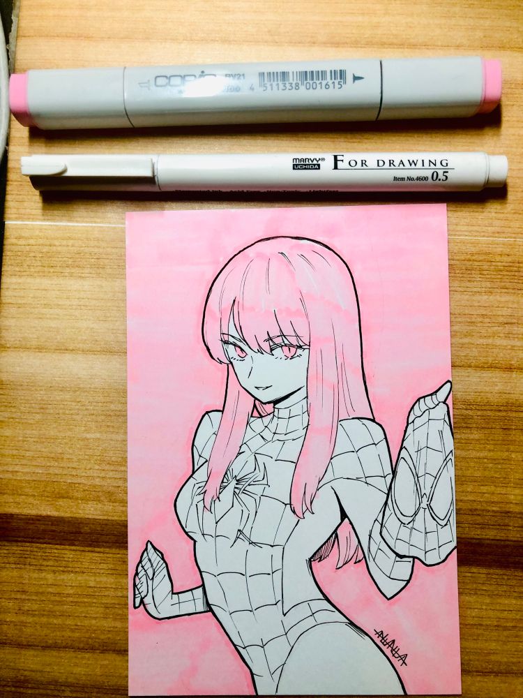 cosplay, long_hair, marvel, mary_jane_watson, mask, pink_background, pink_eyes, pink_hair