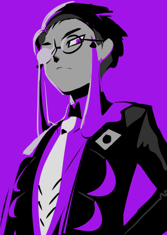 1boy, closed_mouth, collared_shirt, commentary_request, corbeau_(pokemon), frown, glasses, jacket, lapels, long_sleeves, looking_to_the_side, male_focus, mira_(akamiiimira), necktie, nintendo, open_clothes, open_jacket, parted_hair, pokemon, pokemon_legends:_z-a, purple_background, purple_eyes, purple_theme, round_eyewear, shirt, short_hair, simple_background, solo, tassel, white_necktie, wing_collar