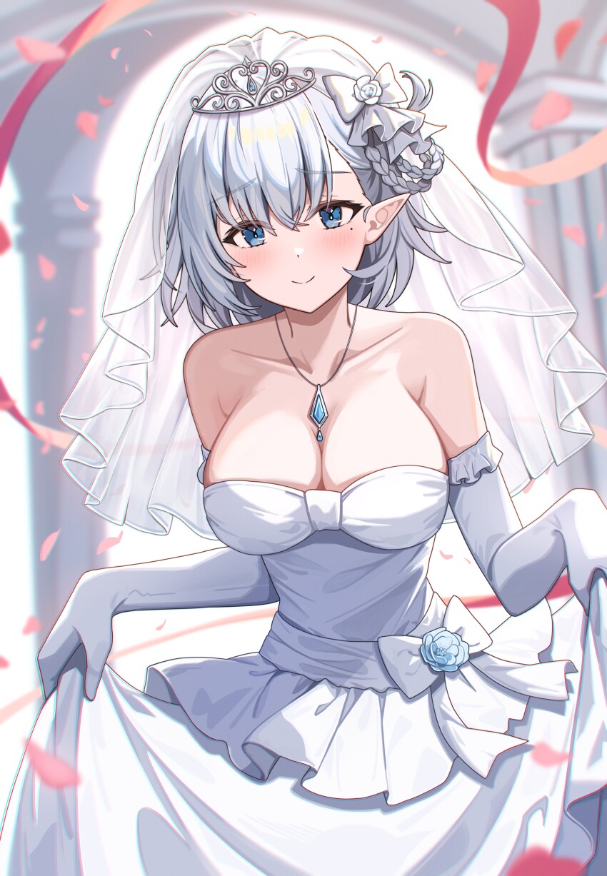 1girl, absurdres, bare_shoulders, beta_(kagejitsu), blue_eyes, blue_gem, blurry, blurry_background