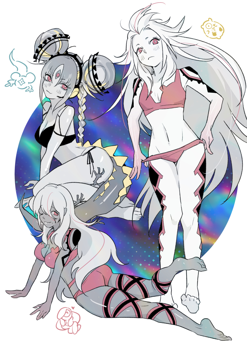 3girls, :3, absurdres, adjusting_clothes, ai_the_somnium_files, ai_the_somnium_files:_nirvana_initiative, aiba_(ai_the_somnium_files), akemi_(ai_the_somnium_files), barefoot, braid, breasts, bright_pupils, commentary_request, doodle_inset, double_bun, facial_mark, forehead_mark, hair_between_eyes, hair_bun, highres, light_frown, lizard_tail, long_hair, looking_at_viewer, lying, mole, mole_under_mouth, multiple_girls, no_sleep_for_kaname_date_-_from_ai:_the_somnium_files, one_eye_closed, ookutsuwa_waga, partially_colored, pink_eyes, sitting, smile, swimsuit, tail, tama_(ai_the_somnium_files), white_pupils