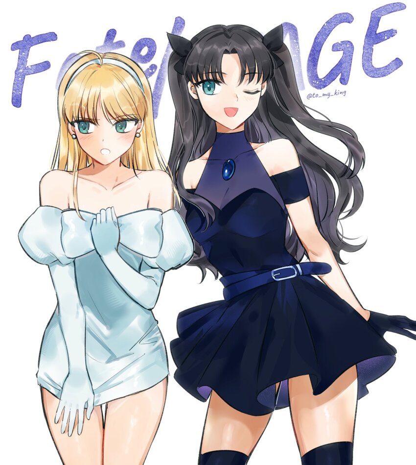 2girls, ahoge, alien_stage, aqua_dress, aqua_gloves, artist_name, artoria_pendragon_(fate), bare_shoulders, black_bow, black_gloves, black_hair, black_thighhighs, blonde_hair, blue_dress, blue_eyes, blue_gem, blush, bow, breasts, collarbone, cosplay, cowboy_shot, dress, dress_tug, earrings, elbow_gloves, embarrassed, fate/stay_night, fate_(series), flat_chest, gem, gloves, green_eyes, hair_bow, halter_dress, halterneck, headband, highres, jewelry, long_hair, looking_at_viewer, looking_to_the_side, medium_breasts, mizi_(alien_stage), mizi_(alien_stage)_(cosplay), multiple_girls, one_eye_closed, open_mouth, saber_(fate), short_dress, strapless, strapless_dress, sua_(alien_stage), sua_(alien_stage)_(cosplay), thighhighs, to_my_king, tohsaka_rin, twintails