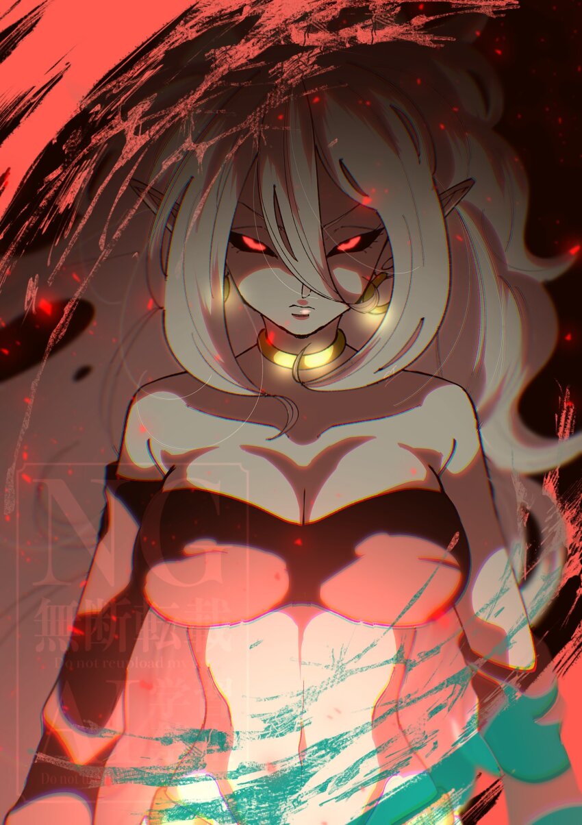 1girl, android_21, bare_shoulders, black_background, black_sclera, black_tube_top, breasts, cleavage, colored_sclera, colored_skin, cowboy_shot, dragon_ball, dragon_ball_fighterz, earrings, grey_hair, highres, hoop_earrings, jewelry, large_breasts, long_hair, majin_android_21, navel, pink_skin, pointy_ears, red_eyes, simple_background, solo, stktik09060906, strapless, tube_top