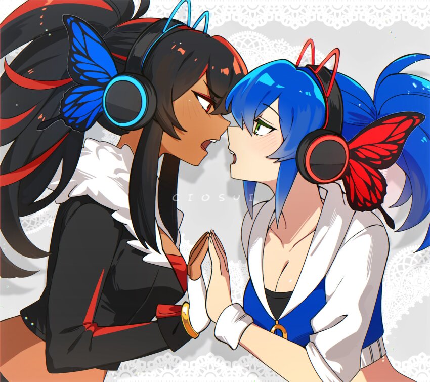 2girls, animal_ear_headphones, animal_ears, artist_name, black_hair, blue_hair, breasts, brown_eyes