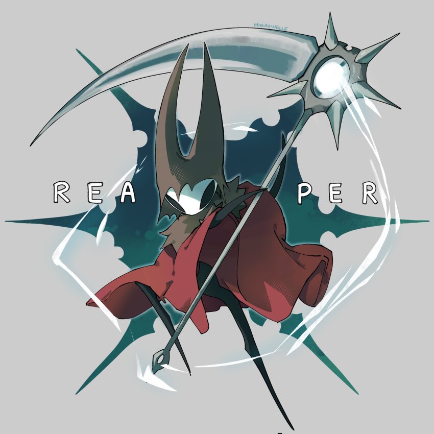 1girl, arthropod_girl, black_eyes, black_skin, cloak, colored_skin, full_body, grey_background