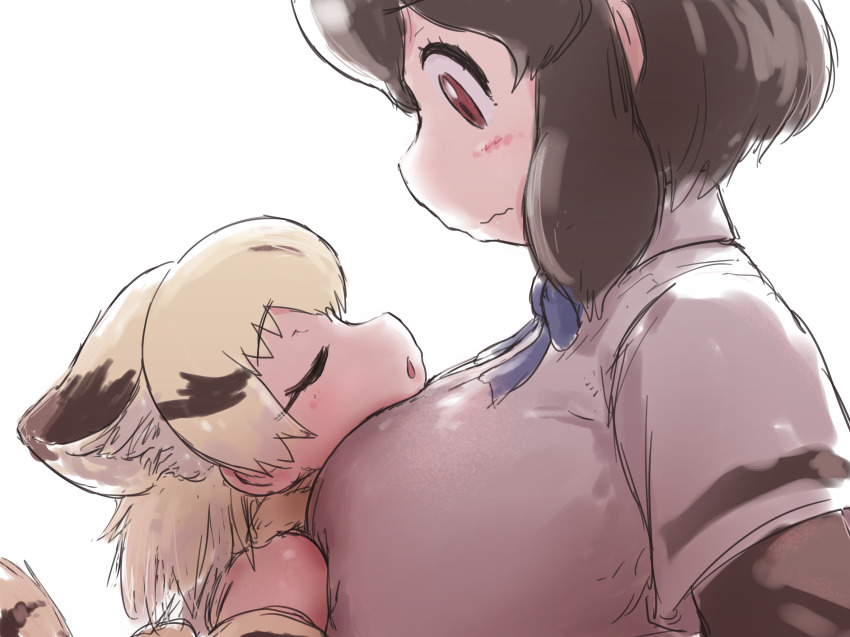 2girls, alternate_breast_size_(larger), animal_ears, bare_shoulders, black_hair, blonde_hair, bow, bowtie, breasts, brown_bear_(kemono_friends), brown_eyes, cat_ears, closed_eyes, closed_mouth, collared_shirt, commentary_request, ears_back, face-to-face, from_side, head_on_chest, head_rest, height_difference, highres, huge_breasts, kemono_friends, looking_at_another, medium_hair, multicolored_hair, multiple_girls, nadegiri, parted_lips, sand_cat_(kemono_friends), shirt, short_hair, short_sleeves, sidelocks, sleeping, sleeveless, sleeveless_shirt, two-tone_hair, upper_body, wavy_mouth, wide-eyed