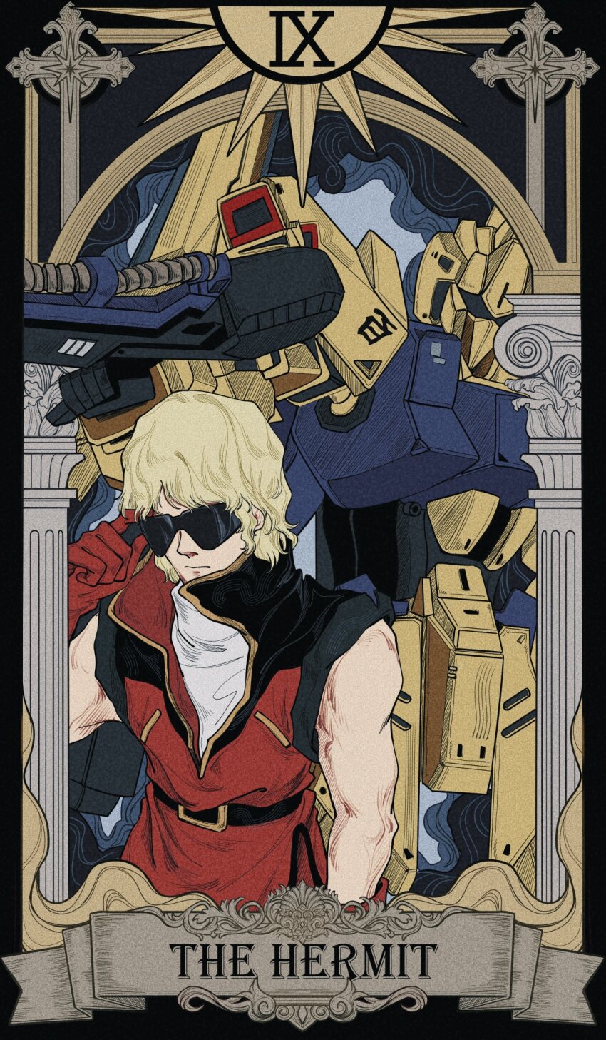 1boy, adjusting_eyewear, beam_rifle, belt, black_belt, card_(medium), char_aznable, closed_mouth