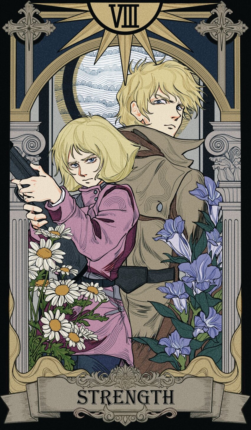 1boy, 1girl, artesia_som_deikun, belt, black_belt, blonde_hair, blue_eyes, brother_and_sister