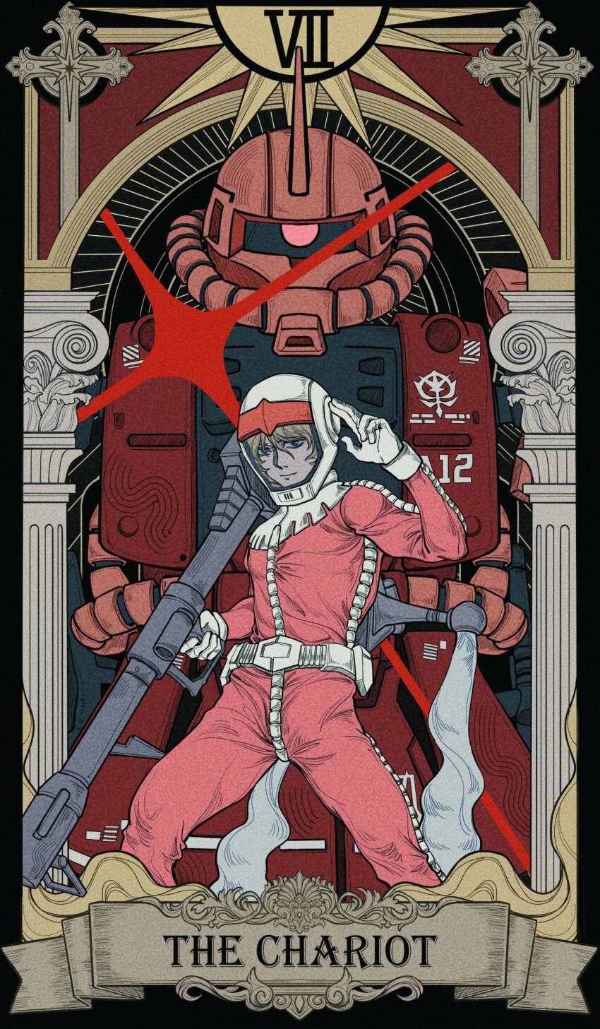 1boy, bazooka_(gundam), blonde_hair, blue_eyes, bodysuit, char_aznable, closed_mouth, commentary_request, gloves, gundam, hair_between_eyes, helmet, highres, holding, holding_weapon, horns, looking_at_viewer, male_focus, mecha, mecha_pilot_suit, mikazuki121410, mobile_suit, mobile_suit_gundam, normal_suit_(gundam), one-eyed, pillar, pilot_helmet, red_bodysuit, red_eyes, robot, salute, science_fiction, single_horn, smile, spacesuit, tarot, two-finger_salute, weapon, white_gloves, zaku_ii_s_char_custom, zeon