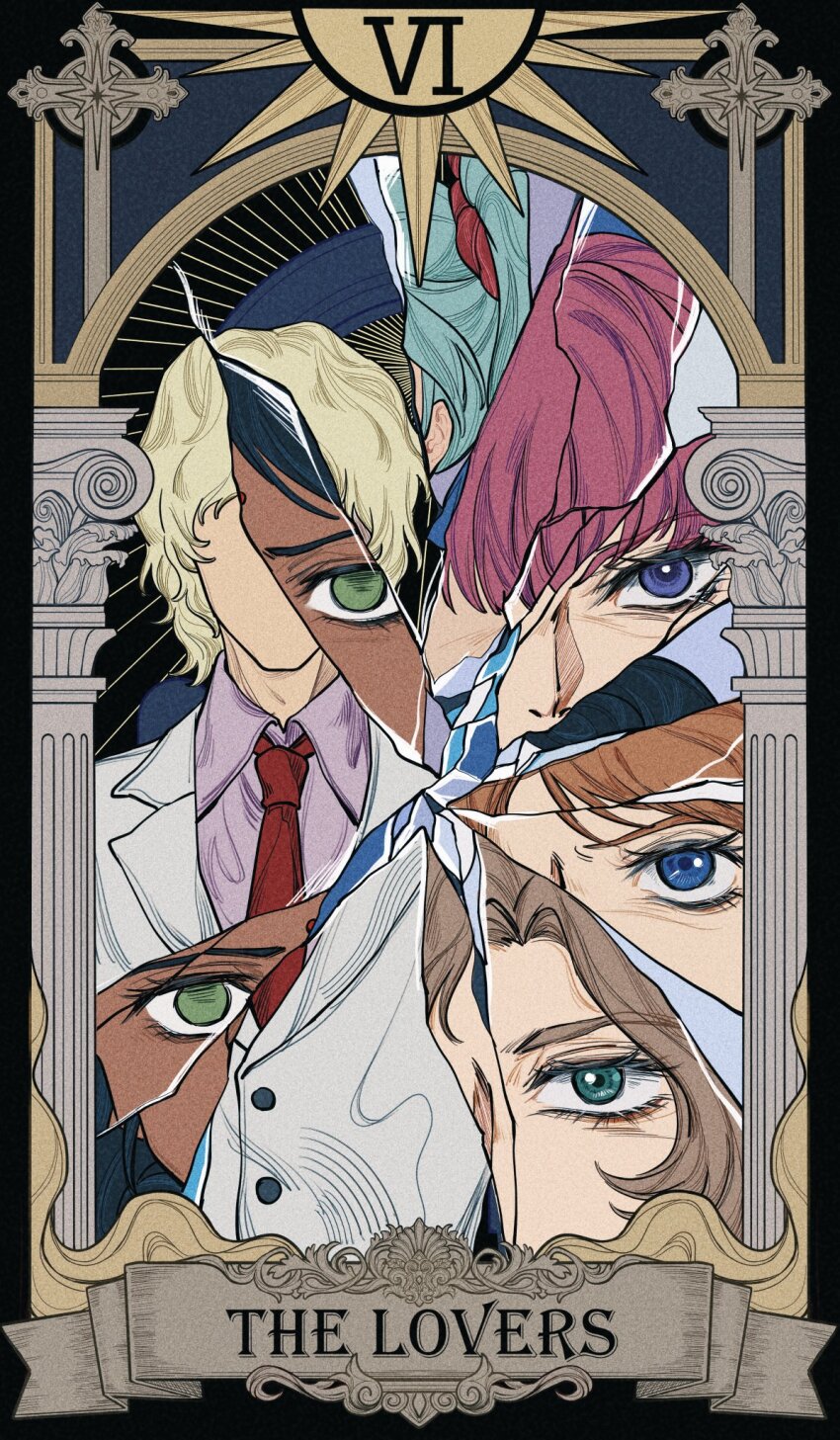 1boy, 5girls, blue_eyes, broken, brown_hair, card_(medium), char's_counterattack, char_aznable