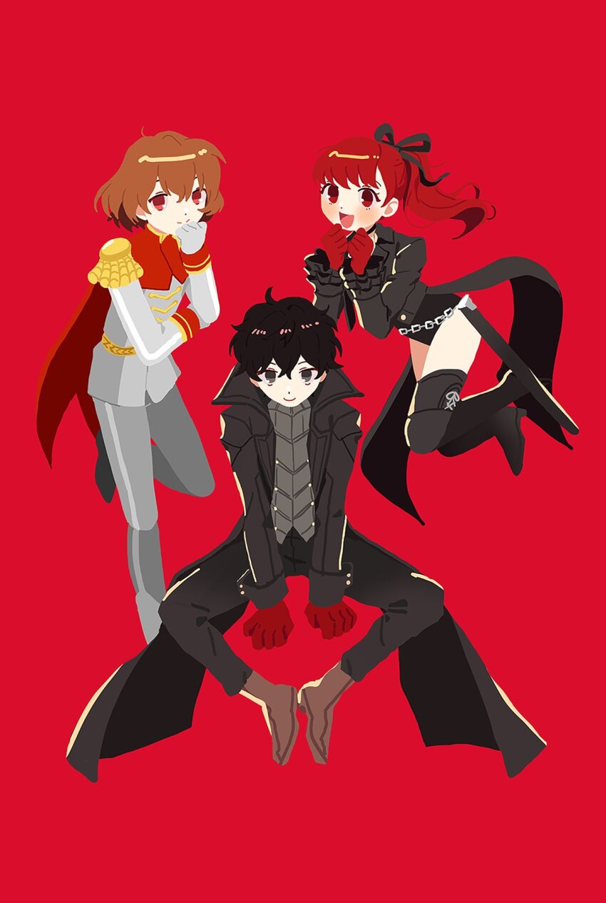 1girl, 2boys, :d, akechi_gorou, amamiya_ren, black_boots, black_coat, black_eyes