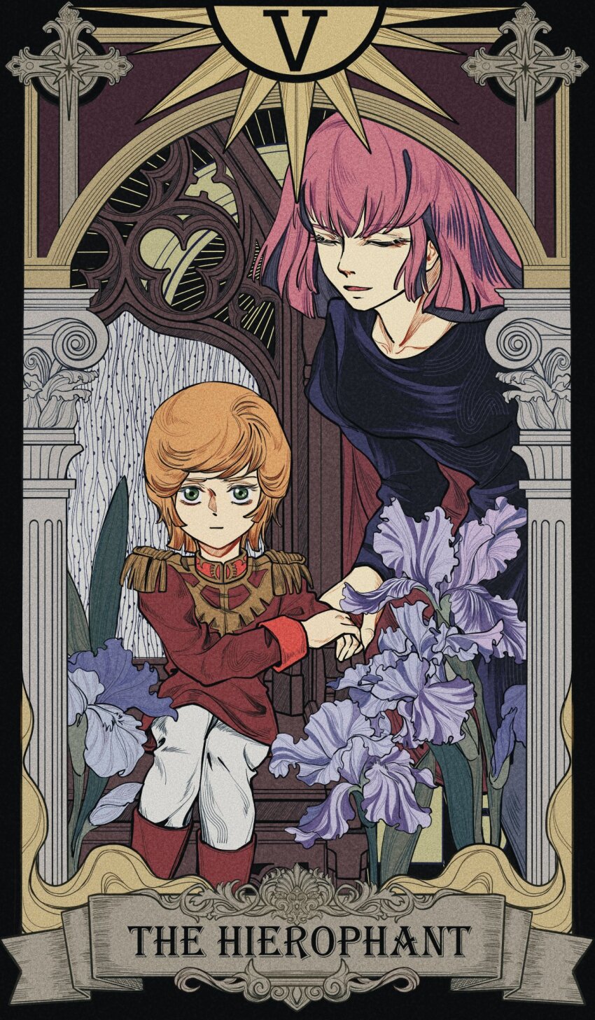 2girls, black_dress, card_(medium), chair, closed_eyes, closed_mouth, commentary_request, dress