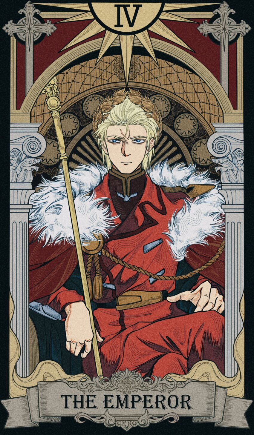 1boy, aiguillette, blue_eyes, bright_pupils, cape, card_(medium), char's_counterattack, char_aznable