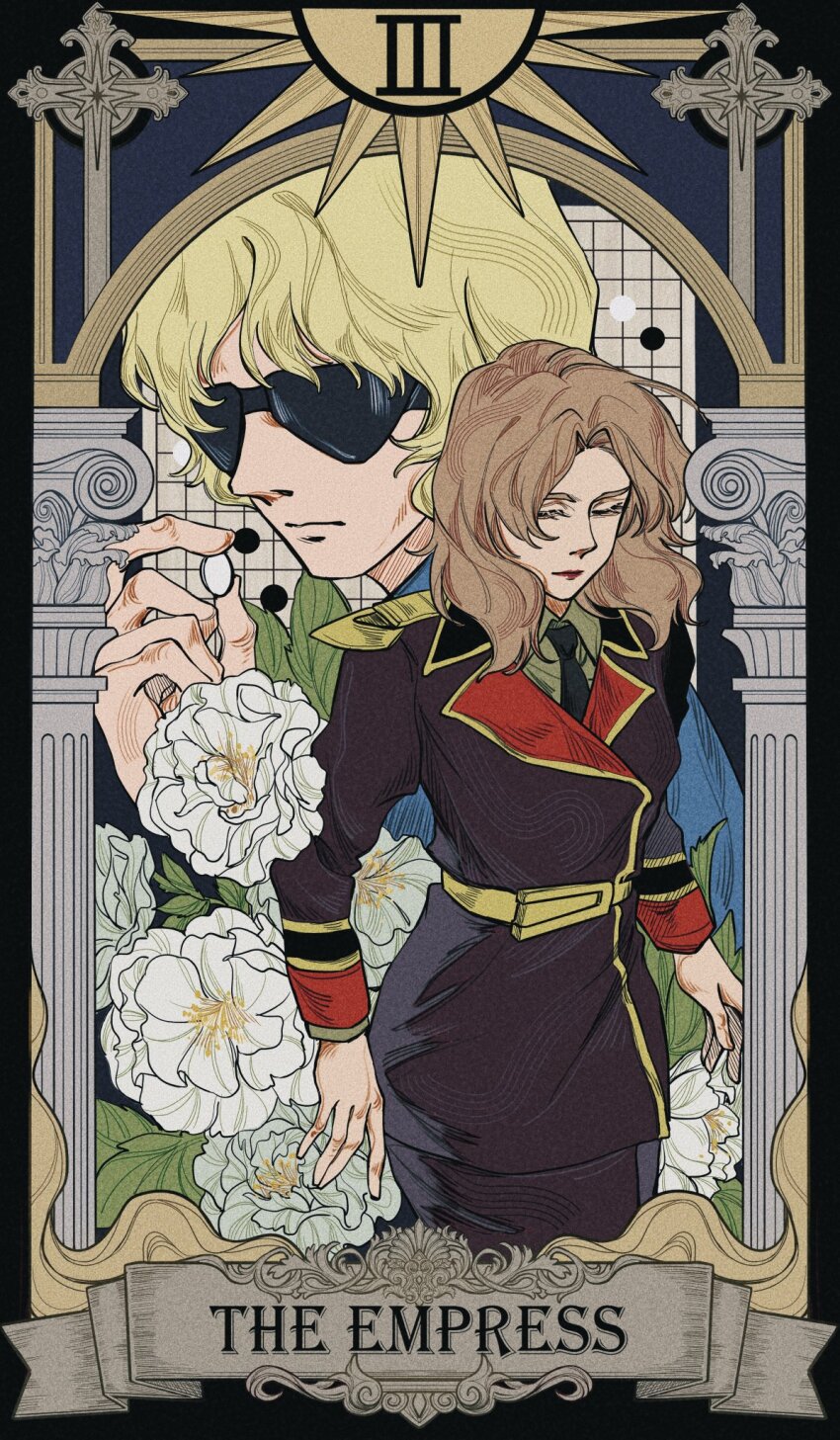 1boy, 1girl, black_necktie, blonde_hair, board_game, brown_hair, brown_jacket, card_(medium)