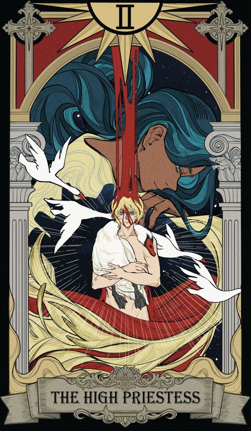 1boy, 1girl, bindi, bird, blonde_hair, blood, blue_eyes, card_(medium)