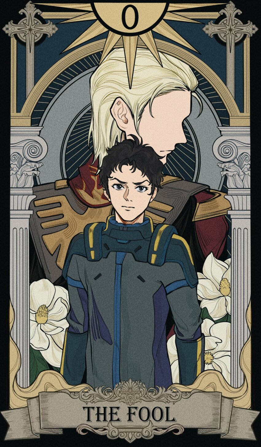 2boys, arms_at_sides, black_bodysuit, black_eyes, black_hair, blonde_hair, bodysuit, card_(medium)