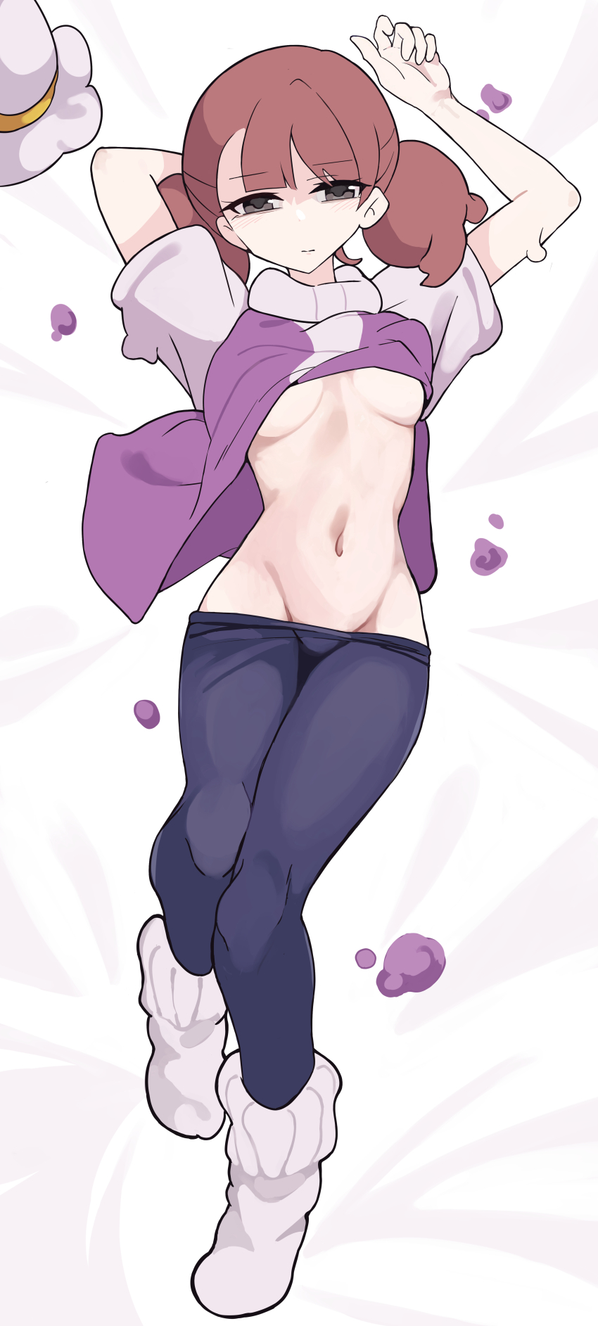 1girl, absurdres, black_eyes, breasts, brown_hair, closed_mouth, ditto, expressionless, female_protagonist_(pokemon_pokopia), full_body, gen_1_pokemon, hat, highres, looking_at_viewer, navel, nintendo, pants, pokemon, pokemon_(creature), pokemon_pokopia, purple_shirt, putchi_(kinokonokami), shirt, shirt_partially_removed, socks, solo, transformed_ditto, twintails, underboob, white_hat