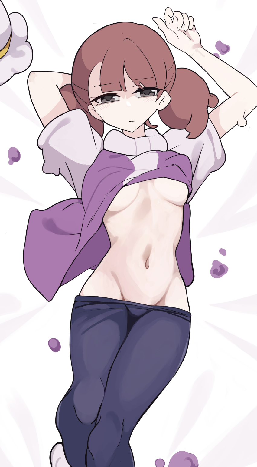 1girl, absurdres, black_eyes, breasts, brown_hair, closed_mouth, ditto, expressionless, female_protagonist_(pokemon_pokopia), gen_1_pokemon, hat, highres, looking_at_viewer, navel, nintendo, pants, pokemon, pokemon_(creature), pokemon_pokopia, purple_shirt, putchi_(kinokonokami), shirt, shirt_partially_removed, solo, transformed_ditto, twintails, underboob, white_hat