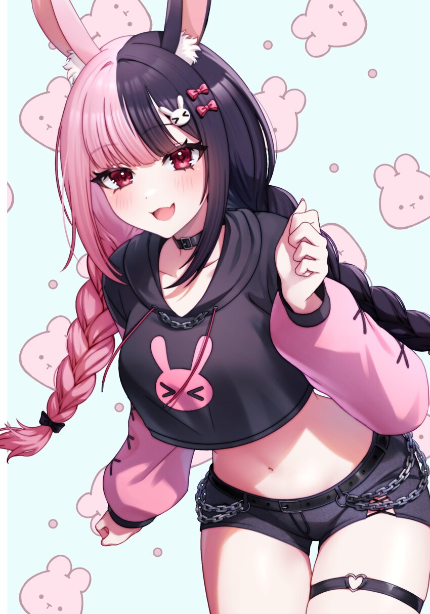 1girl, absurdres, animal_ear_fluff, animal_ears, black_choker, black_hair, black_hoodie, black_shorts