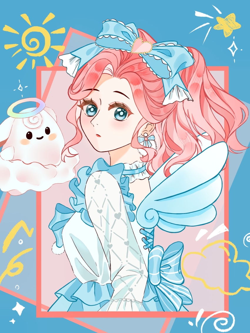 1girl, absurdres, angel_wings, argyle_clothes, argyle_sleeves, blue_background, blue_bow, blue_bowtie