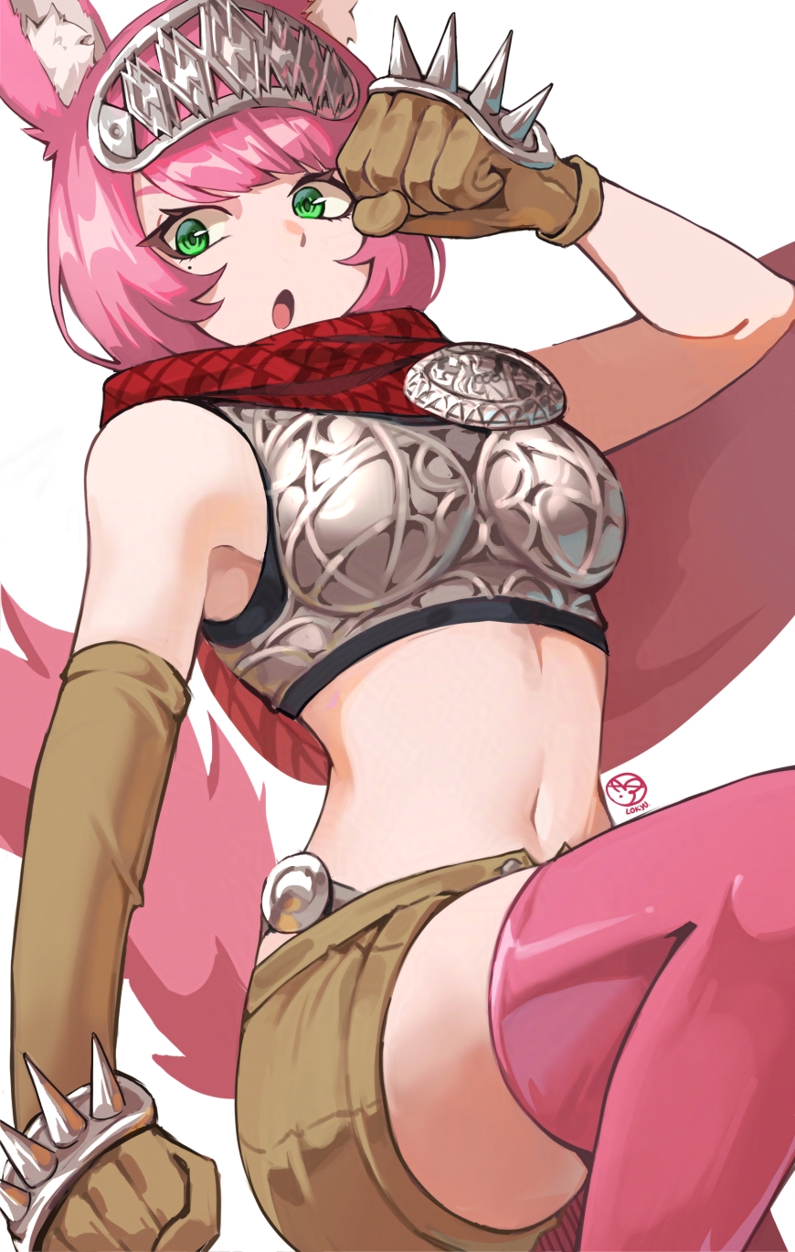 1girl, :o, animal_ear_fluff, brown_shorts, catherina_(metaphor:_refantazio), commission, green_eyes, highres