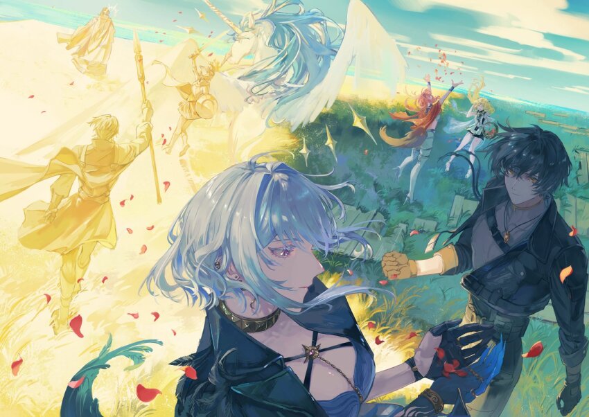 3boys, 4girls, arms_up, avidius_(wuthering_waves), black_gloves, black_hair, black_jacket, blonde_hair