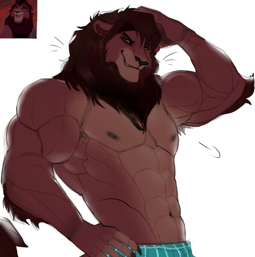 1boy, abs, animal_ears, ariyakonsuay, bara, biceps, claws, colored_sclera, commentary, english_commentary, furry, furry_male, green_eyes, hand_on_own_hip, highres, kovu_(the_lion_king), lion_boy, lion_ears, lion_mane, lion_tail, looking_at_viewer, male_focus, muscular, muscular_male, navel, nipples, pectorals, reference_inset, smile, tail, the_lion_king_2:_simba's_pride, topless_male, yellow_sclera