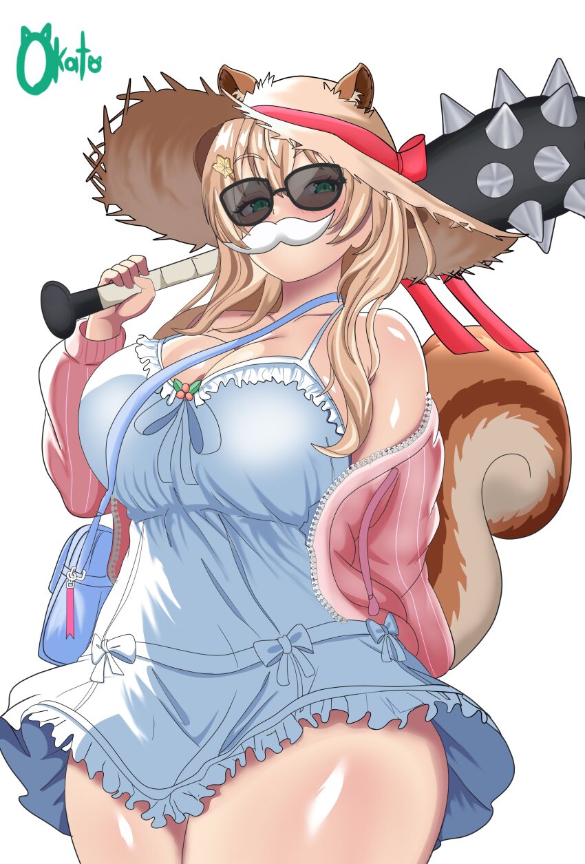 1girl, absurdres, alternate_breast_size_(larger), animal_ears, arms_behind_back, ayunda_risu, ayunda_risu_(holonatsu_paradise), bag