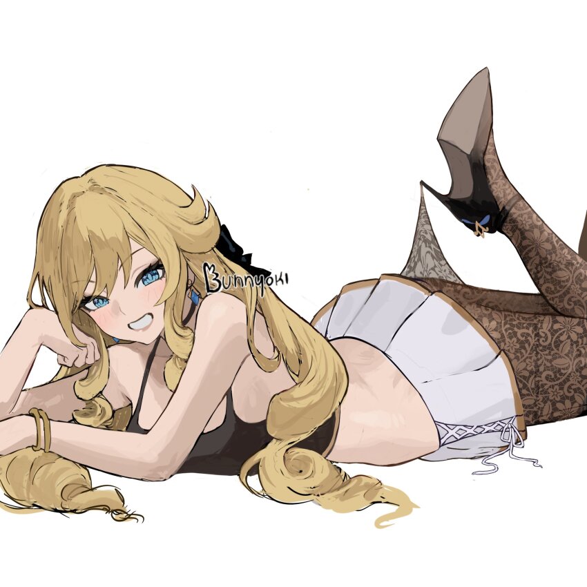 1girl, bare_shoulders, black_choker, black_shoes, blonde_hair, blue_eyes, bunnyoki, camisole