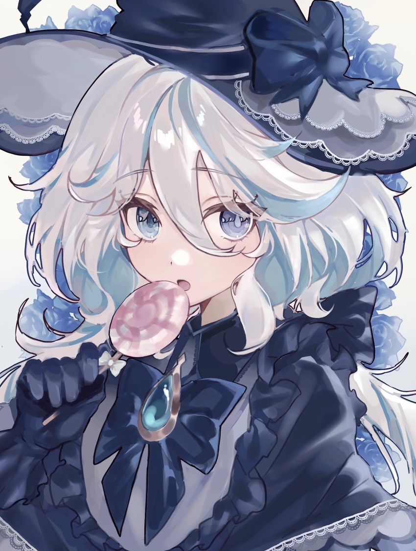 1girl, alternate_costume, blue_bow, blue_eyes, blue_flower, blue_gem, blue_gloves, blue_hair